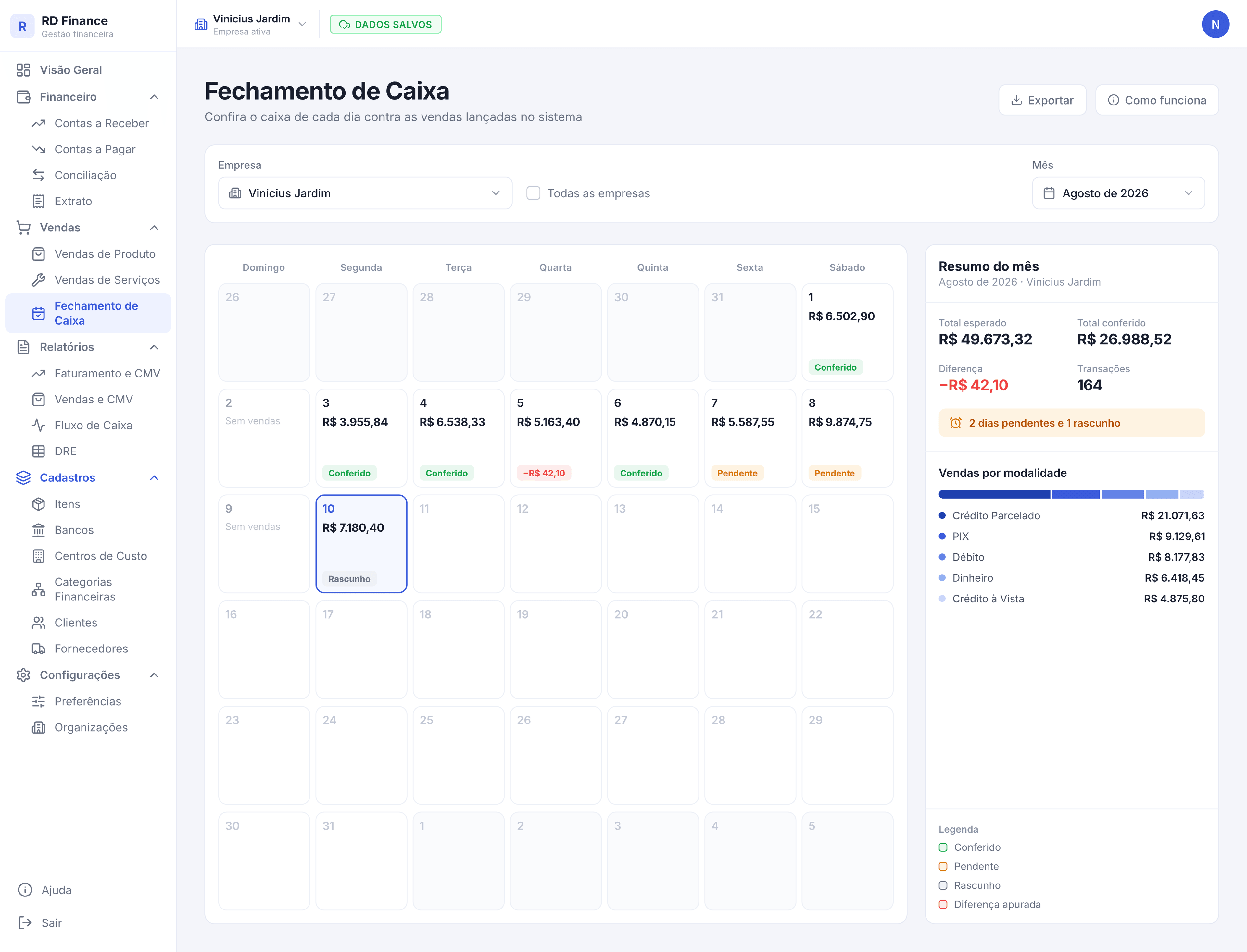 Tela Fechamento de Caixa do RD2 Finance